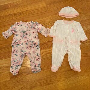 Lot Of 2 Little Me Baby Footie Footed Pajamas Hats 3M 3 Months Ballerina